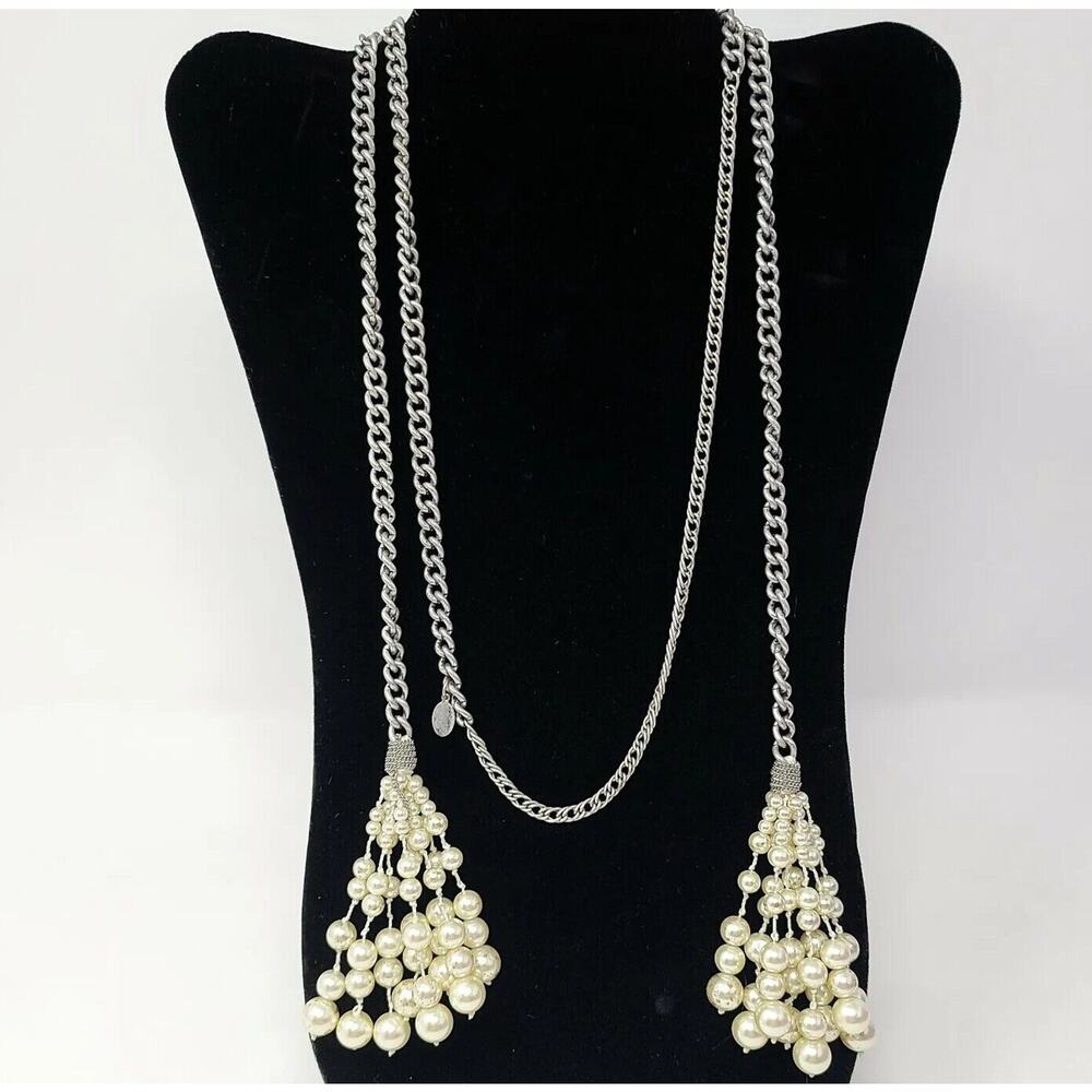 Club Monanco Ivory Faux Pearl Bead Tassels Lariat Scarf Necklace 50" Silver Tone